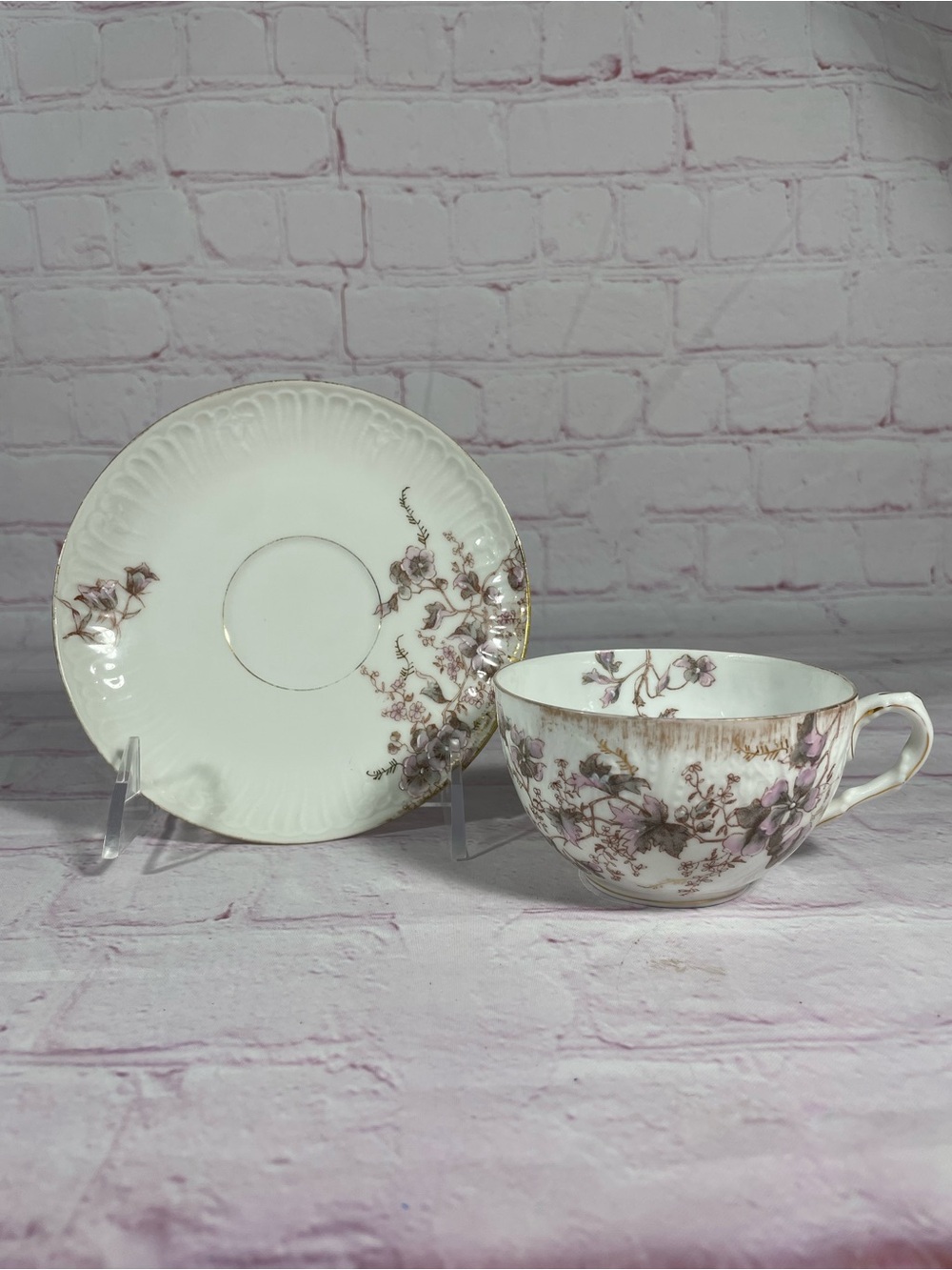 Vintage Limoges Elite SM Purple and Gray Floral Teacup and Saucer Set France